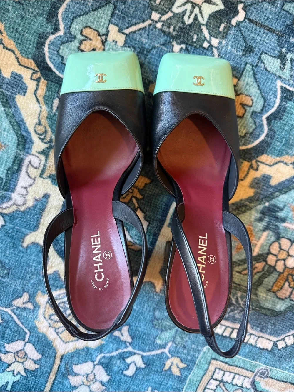 Chanel 26S Blazy Black Minty Green Square Cap Toe Sling Slingback Heel 37.5